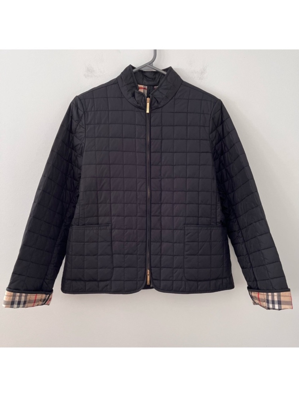 Burberry Black Quilted Jacket with Signature Check Cuffs